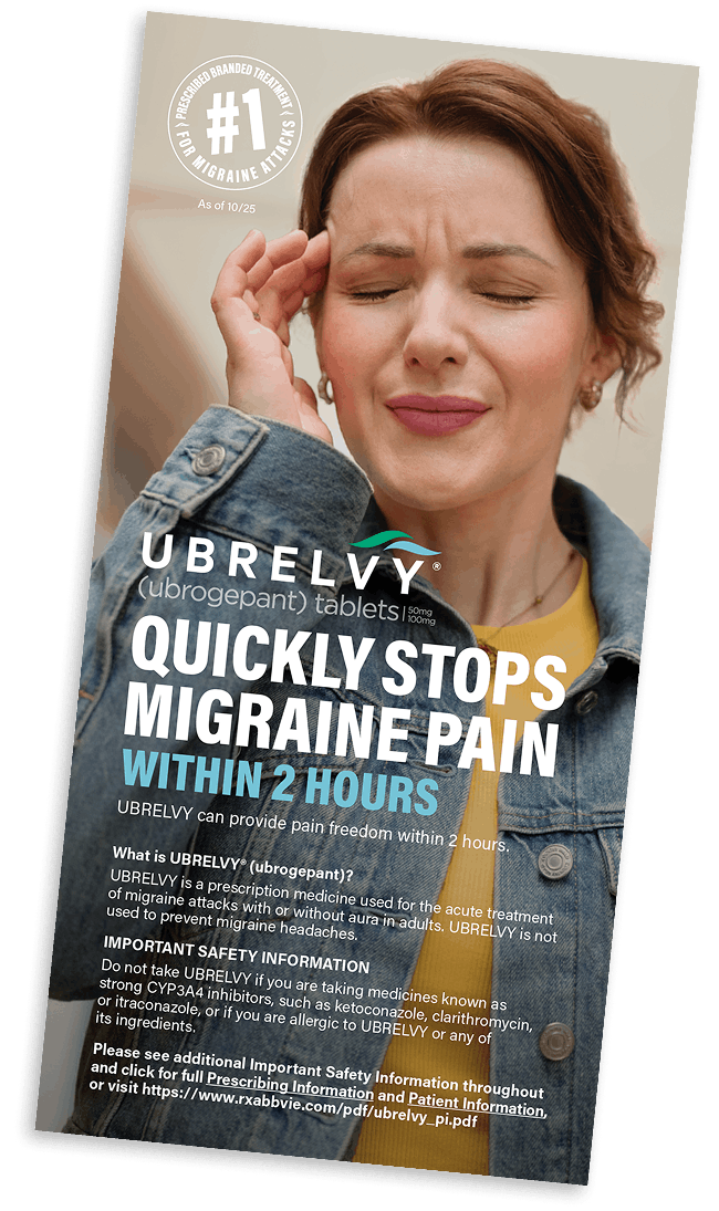 Cover of the UBRELVY patient brochure with product information for migraine treatment.